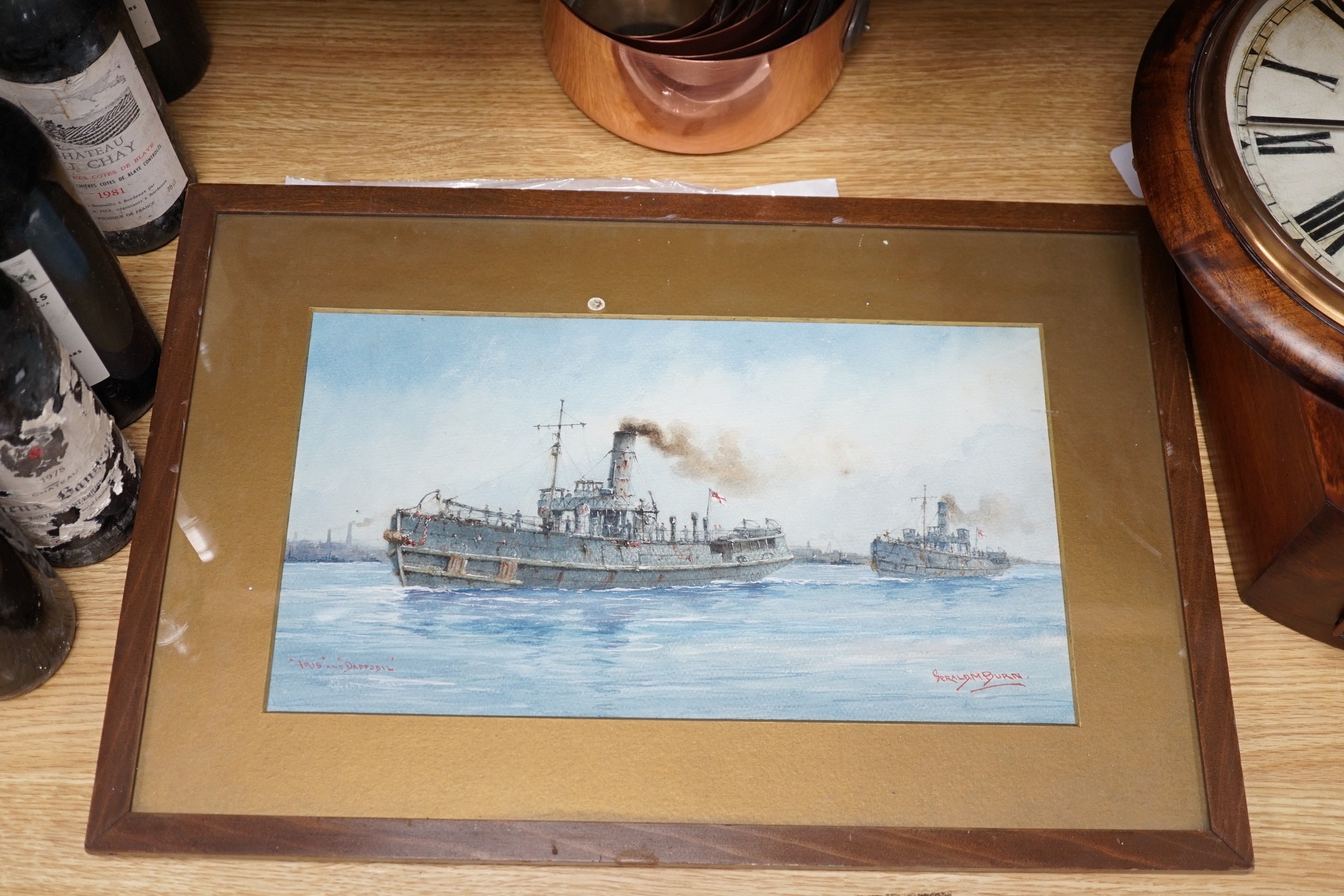 Gerald M Burn (1862-1945), watercolour, 'Iris and Daffodil', tug boats at sea, signed, 22 x 39cm